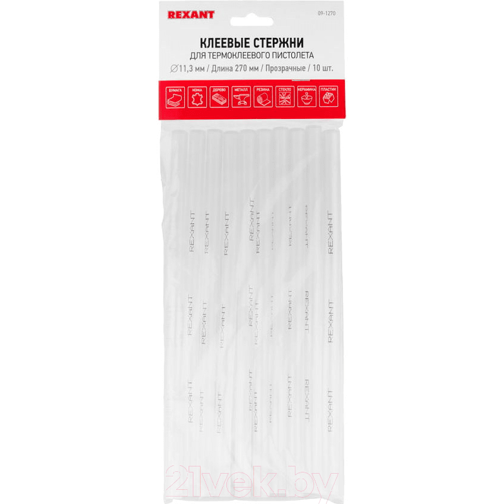 Стержни клеевые REXANT 09-1270, 11.3х270 мм, 10 шт/упак, прозрачный