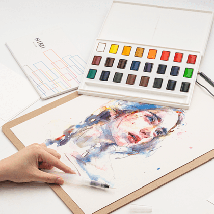 Набор для рисования акварелью "Himi New" (краски, 36 цветов, кисть, блок для акварели, карандаш 2 шт., лайнер, стакан для воды, ластик), белый футляр - 4