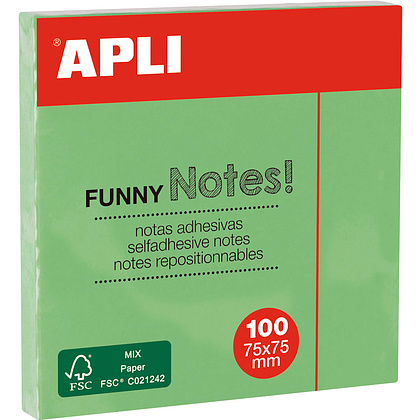 Бумага для заметок на клейкой основе "Funny notes", 75x75 мм, 100 листов, зеленый пастель