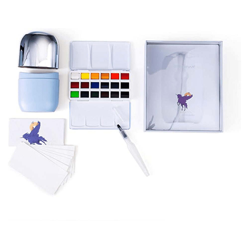 Набор для рисования акварелью "Himi Miya" (краски 18 цветов, кисть, бумага, стакан), голубой футляр