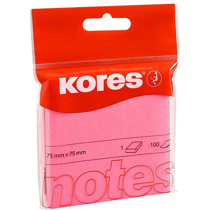Бумага для записей на клейкой основе "Kores", 75x75 мм, 100 листов, розовый неон