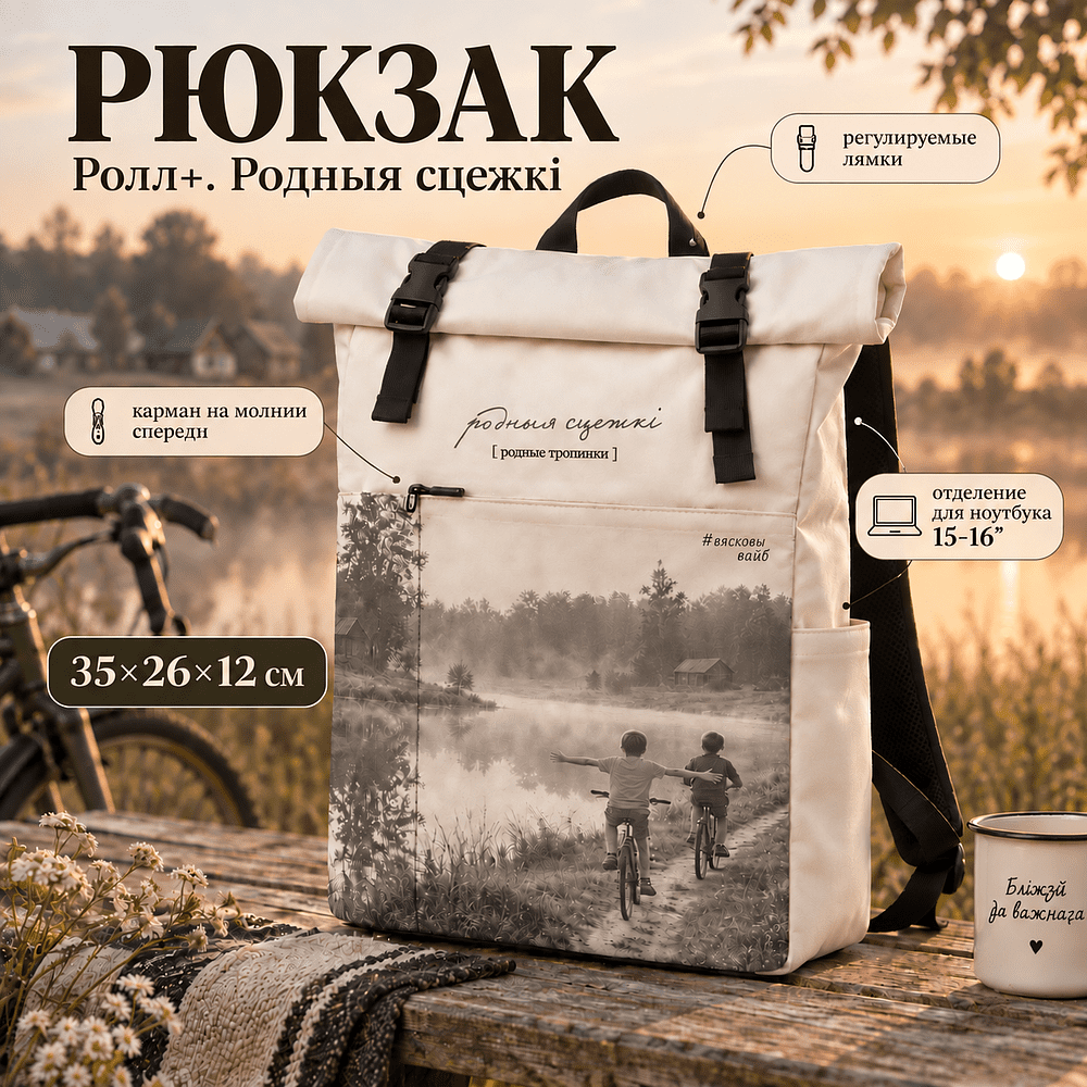 Рюкзак "Ролл+. Родныя сцежкi", текстиль, айвори