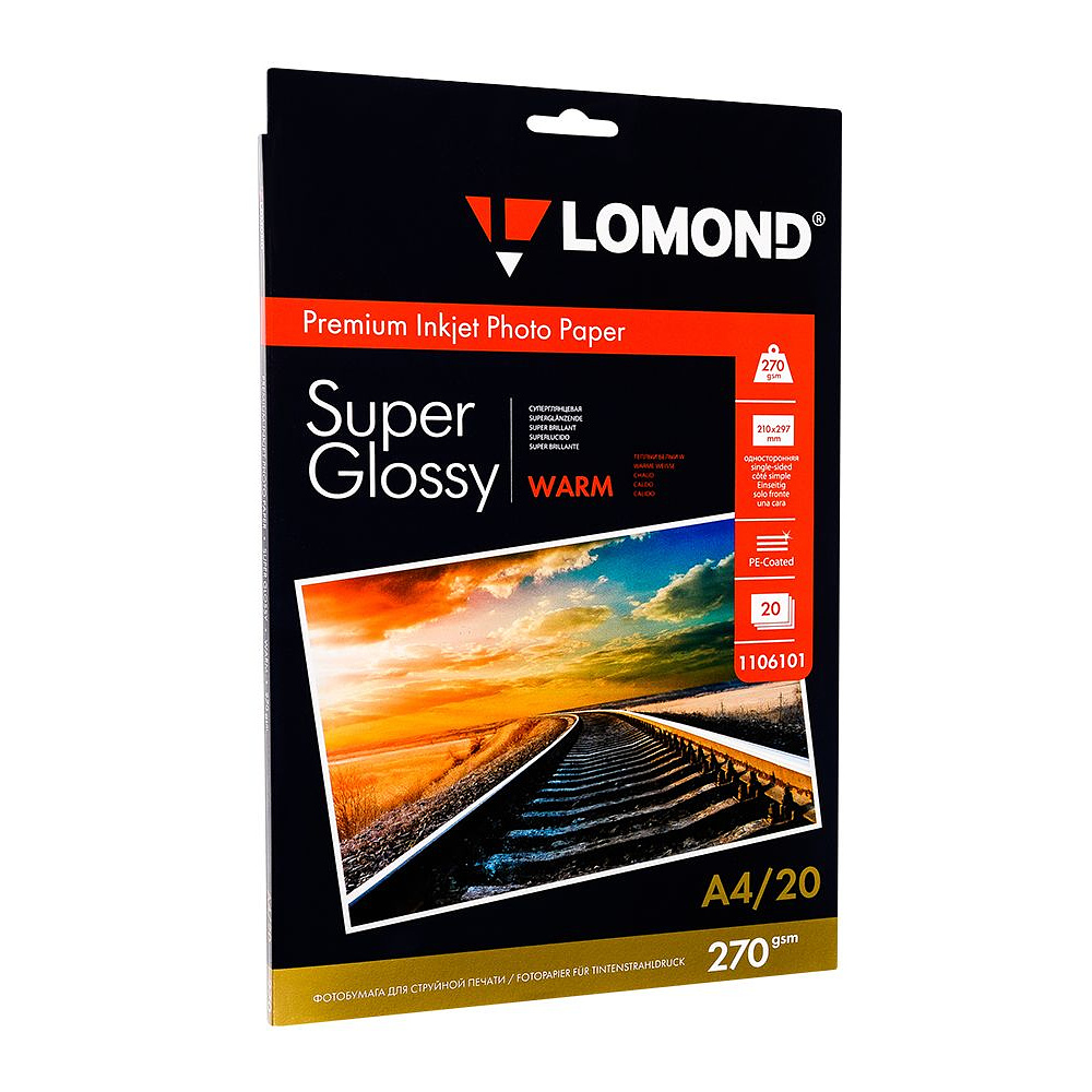 Суперглянцевая тепло-белая (Super Glossy Warm) микропористая фотобумага для струйной печати "Lomond", A4, 20 листов, 270 г/м2