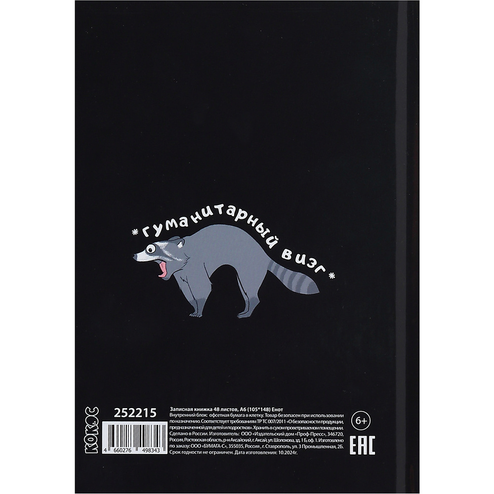 Книга записная "Енот", А6, 105x148 мм, 48 листов, в клетку, черный - 3