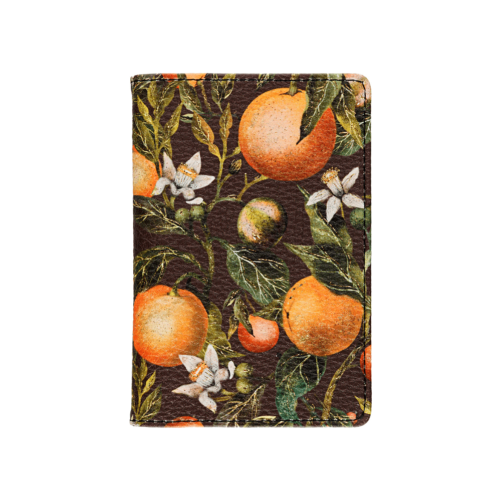 Обложка для паспорта "Flora. Paradise. Oranges", кожзам, зеленый, оранжевый