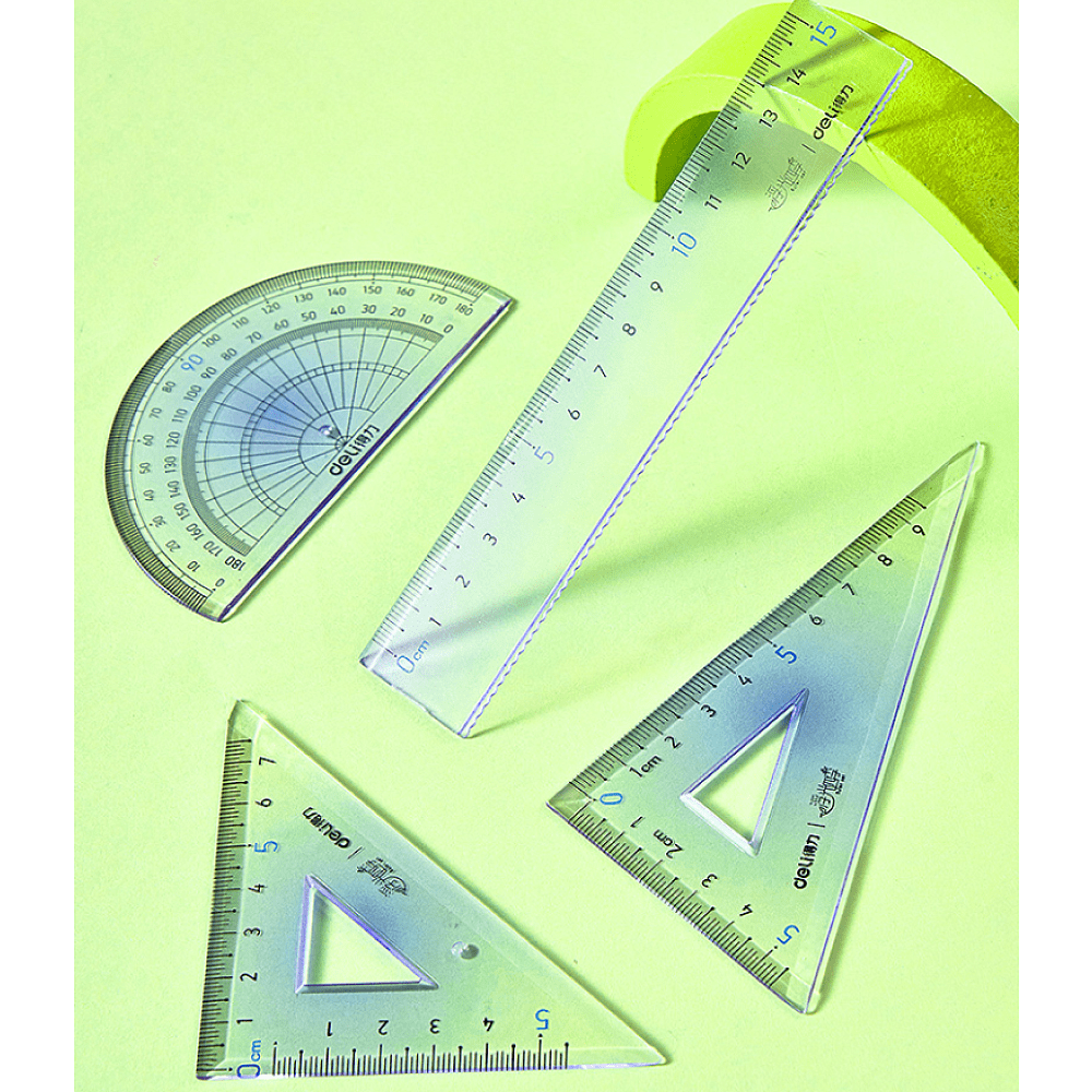 Набор чертежный "Deli VC158": линейка 15 см, треугольник 45 и 60 гр, транспортир 180 гр, ассорти - 3