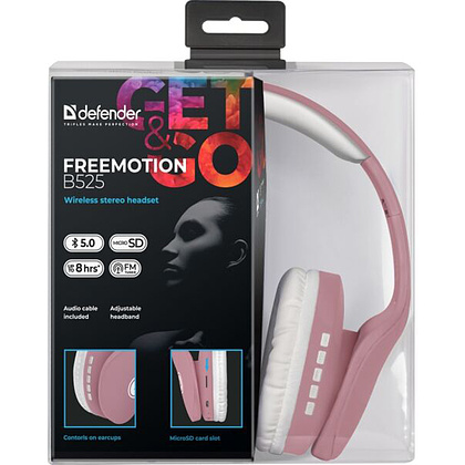 Наушники беспроводные Defender "FreeMotion B525", Bluetooth, розовый, белый - 5