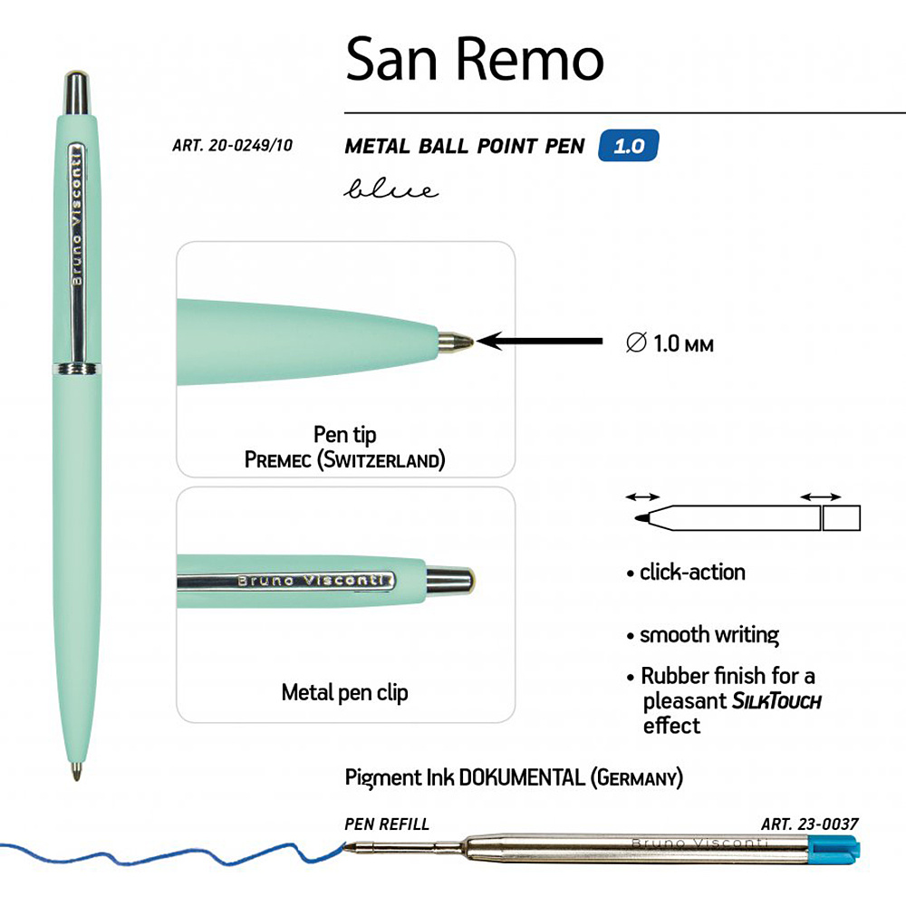 Ручка шариковая автоматическая "San Remo", 1.0 мм, мятный, серебристый, стерж. синий - 3