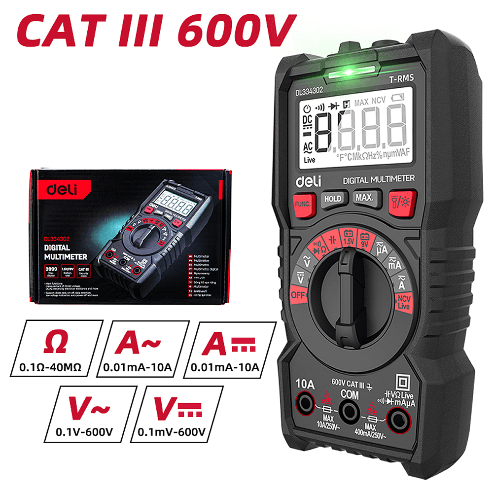 Мультиметр цифровой Deli RS EDL334302, 600В, универсальный - 9