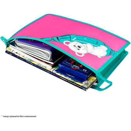 Папка для тетрадей "Мишка на сумке", А4, на молнии, пластик, розовый, бирюзовый - 4