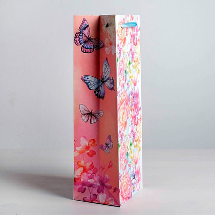 Пакет бумажный подарочный "Цветы и бабочки" для бутылки, 13x36x10 см, разноцветный - 2