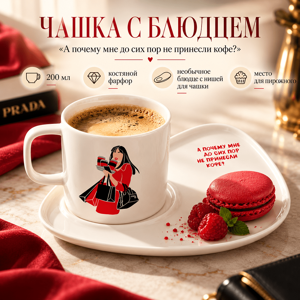 Чашка с блюдцем "А почему мне до сих пор не принесли кофе?", 200 мл, костяной фарфор, белый