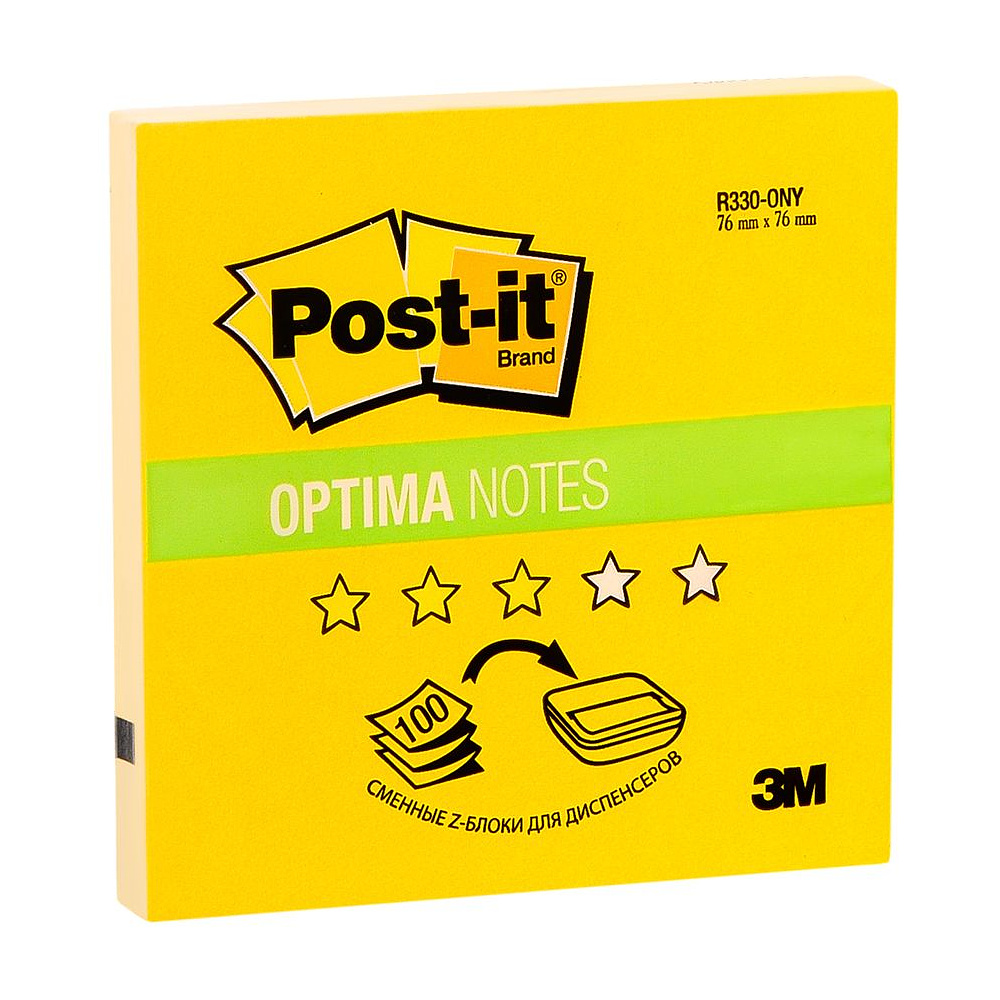 Бумага для заметок на клейкой основе "Post-it Optima" Z-образные, 76x76 мм, 100 листов, желтый неон