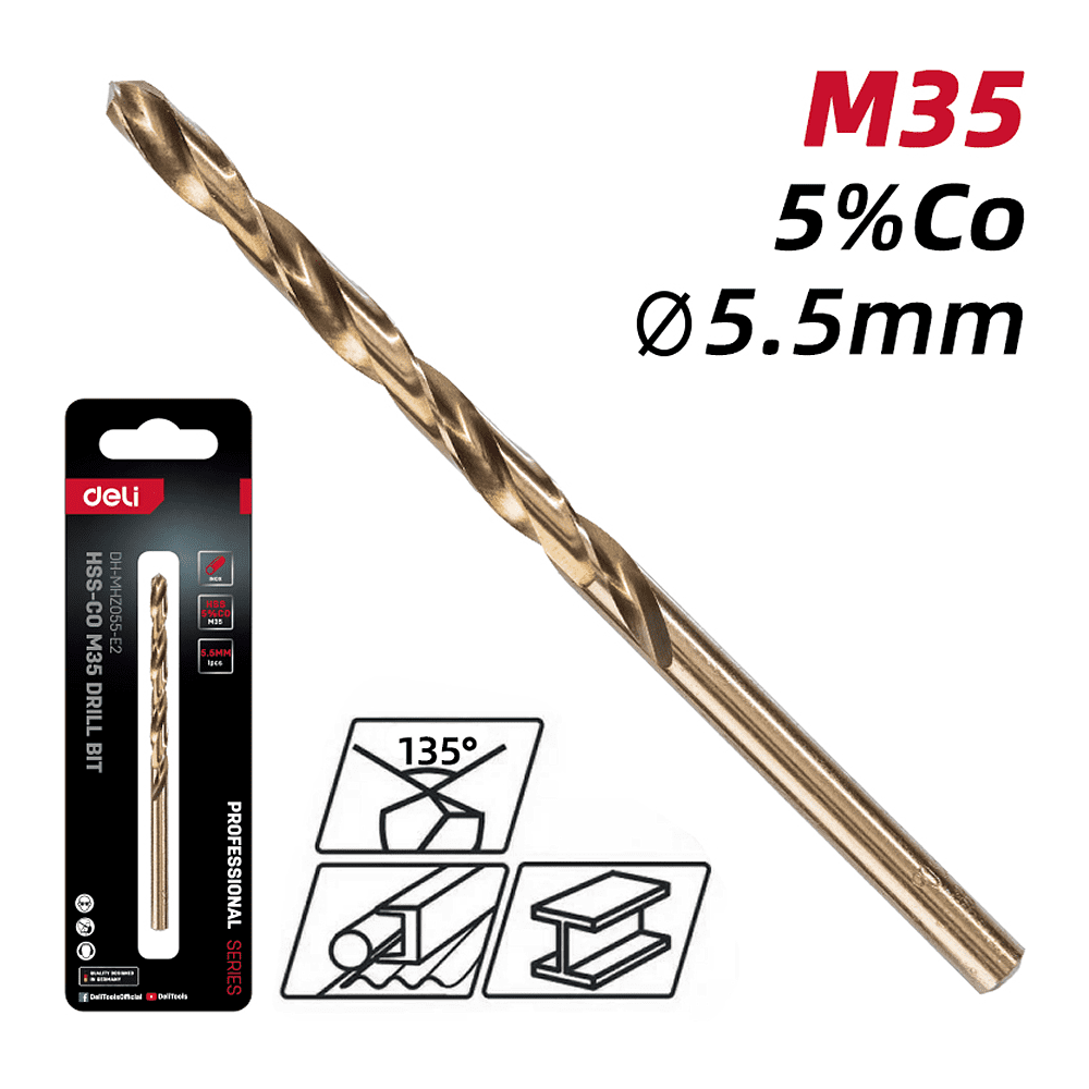 Сверло по металлу Deli RS EDH-MHZ055-E2, 5.5 мм, DIN 338, HSCo 5% - 2 Сверло по металлу Deli RS EDH-MHZ055-E2, 5.5 мм, DIN 338, HSCo 5% - 2