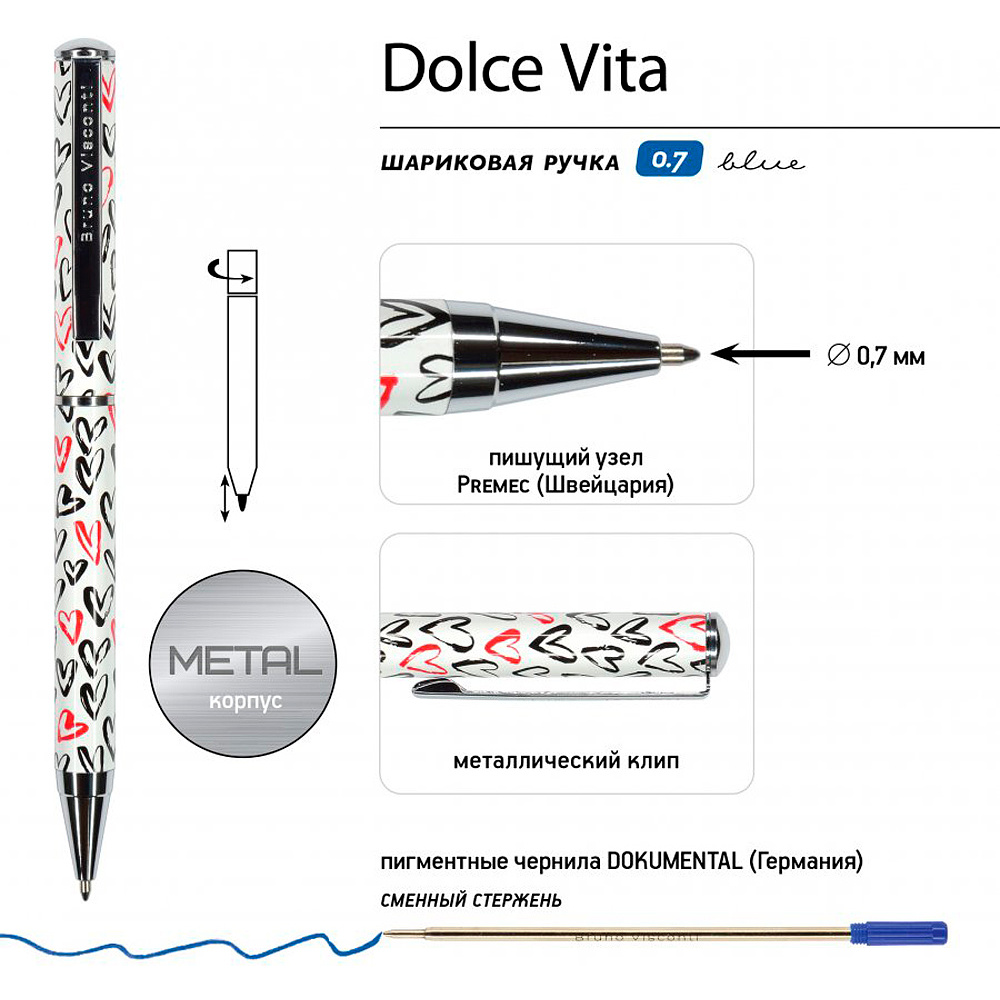 Ручка шариковая автоматическая "Dolce Vita. Сердечки. Красные и черные", 0.7 мм, разноцветный, стерж. синий - 4