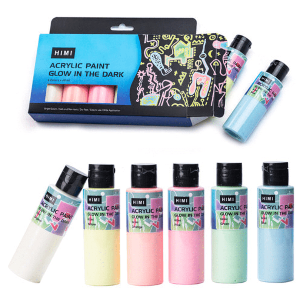 Краски акриловые "Himi", 6 цветов, светящиеся в темноте, флаконы