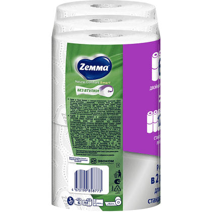 Бумага туалетная Zemma Natural Comfort Smart, 6 рулонов, 3 слоя, белый - 4