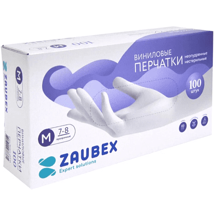Перчатки виниловые Zaubex, одноразовые, р-р M, 100 шт/уп, прозрачный, -30% - 3