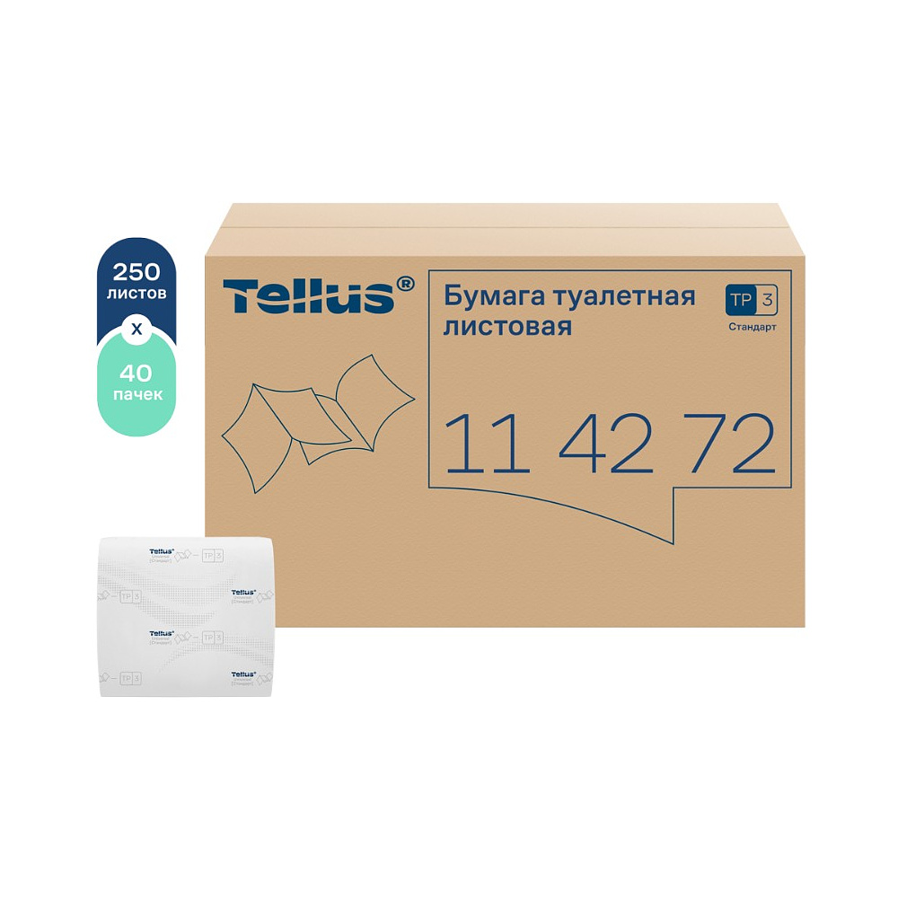 Бумага туалетная  Tellus Стандарт, TР3, листовая, 250 листов, 1 слой - 4 Бумага туалетная  Tellus Стандарт, TР3, листовая, 250 листов, 1 слой - 4