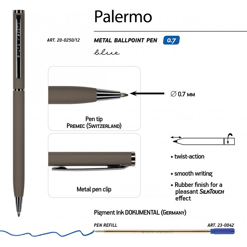 Ручка шариковая автоматическая "Palermo", 0.7 мм, серый, серебристый, стерж. синий - 2