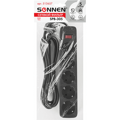 Сетевой фильтр Sonnen SPB-305, 3 м, 5 розеток, черный - 8