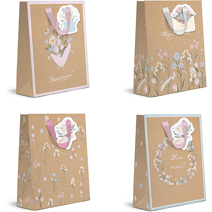 Пакет бумажный подарочный "Spring Flowers", 18х23х10 см, крафт, ассорти