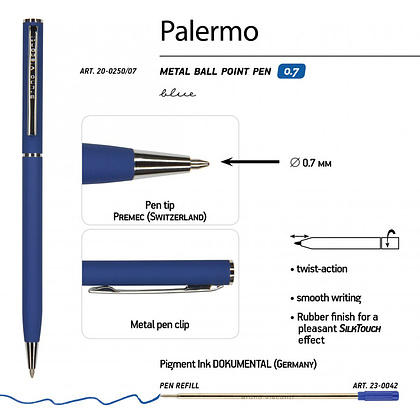 Ручка шариковая автоматическая "Palermo", 0.7 мм, синий, серебристый, стерж. синий - 2