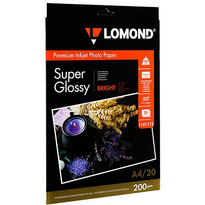 Фотобумага суперглянцевая ярко-белая для струйной фотопечати "Lomond", A4, 20 листов, 200 г/м2