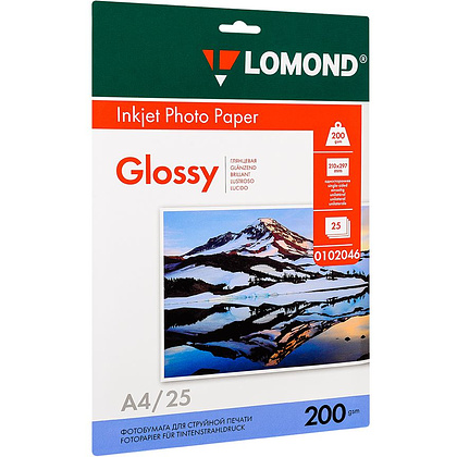 Фотобумага глянцевая для струйной фотопечати "Lomond", A4, 25 листов, 200 г/м2