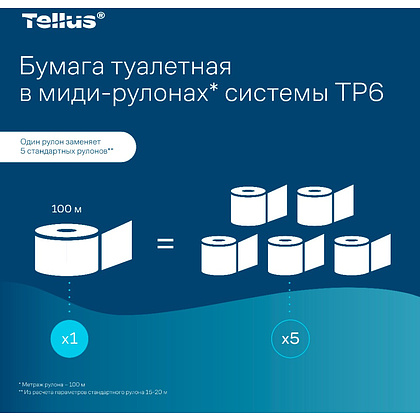 Бумага туалетная Tellus Комфорт T6, в миди-рулонах 100 м, 2 слоя - 10