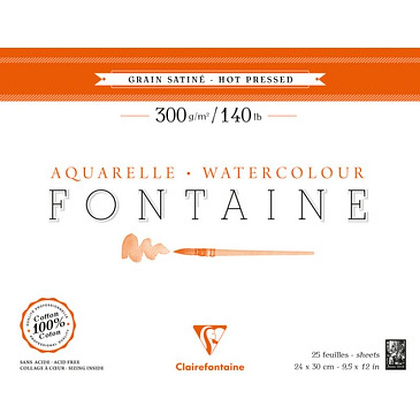 Блок-склейка бумаги для акварели FONTAINE, 100% хлопок, горячее прессование, 26×36, 300 г/м² , 20 л