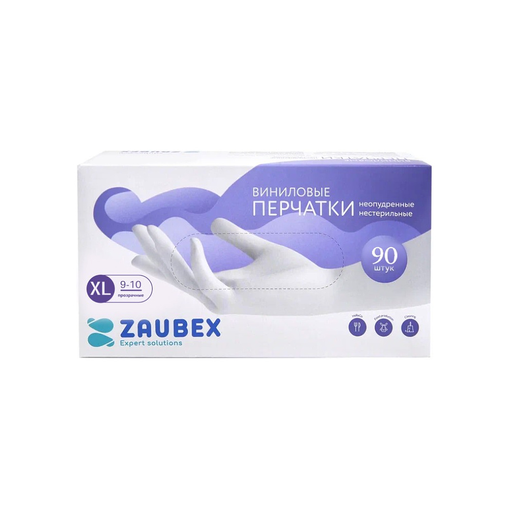 Перчатки виниловые Zaubex, одноразовые, р-р XL, 90 шт/уп, прозрачный