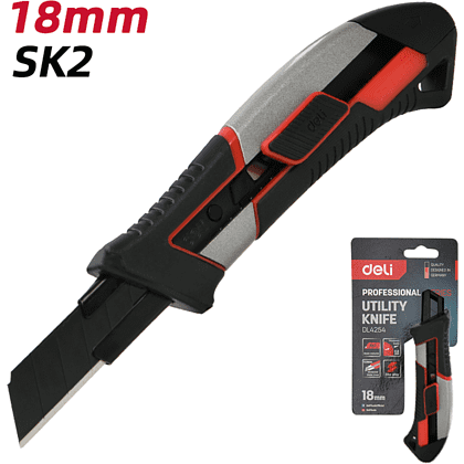 Нож строительный Deli YS DL4254, 18 мм, прорезиненная рукоятка, серебристый, черный - 7