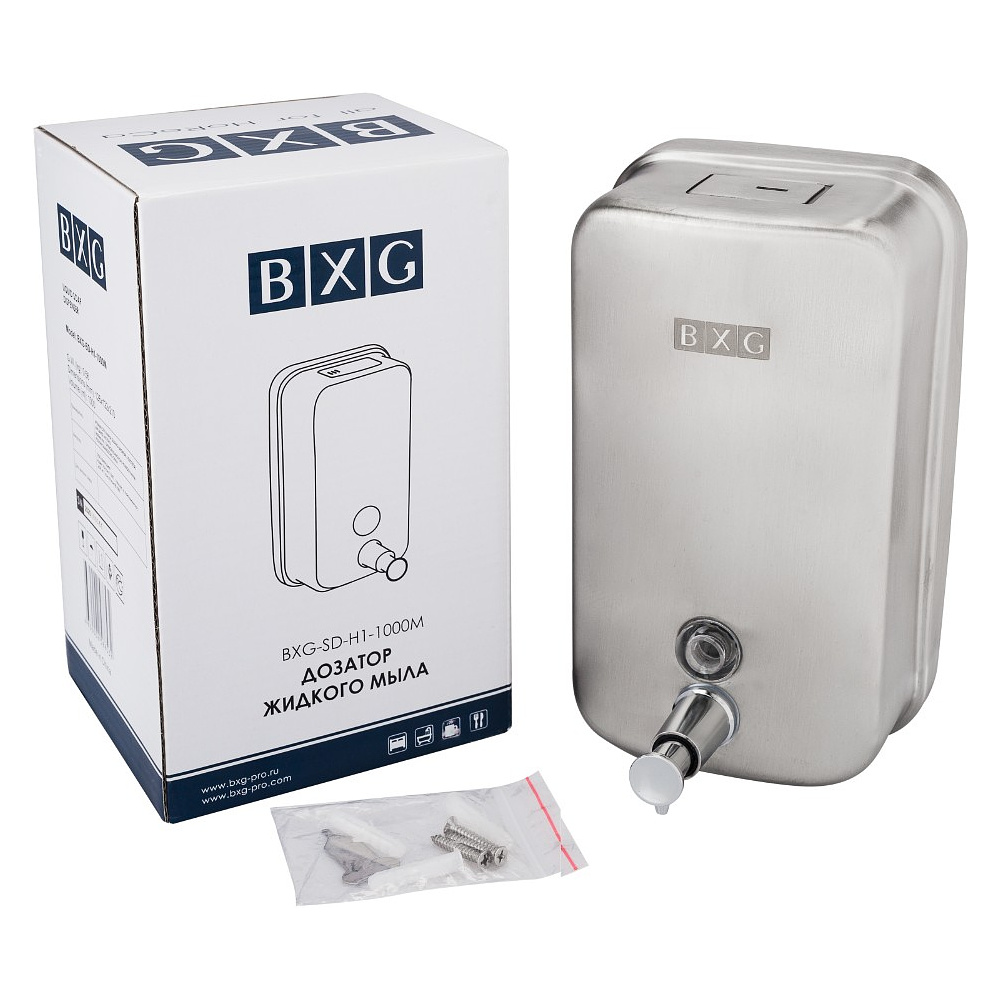 Диспенсер для жидкого мыла BXG "SD H1-1000M", 1 л, ручной, металл, серебристый, матовый - 6