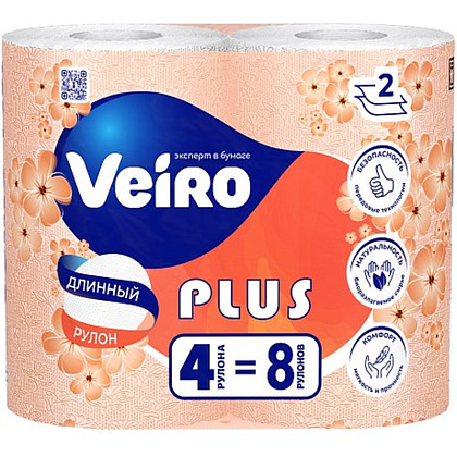 Бумага туалетная Veiro Plus, 4 рулона, 2 слоя, белый