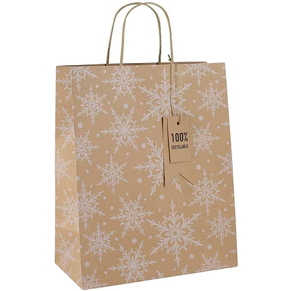 Пакет бумажный подарочный "Kraft Snowflake" для бутылки, 12.7x9x35.5 см, крафт
