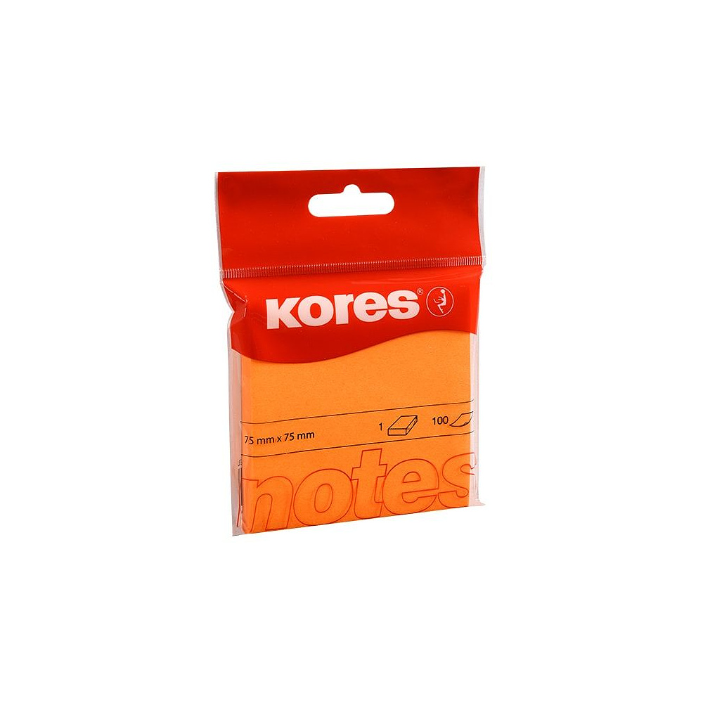 Бумага для записей на клейкой основе "Kores", 75x75 мм, 100 листов, оранжевый неон