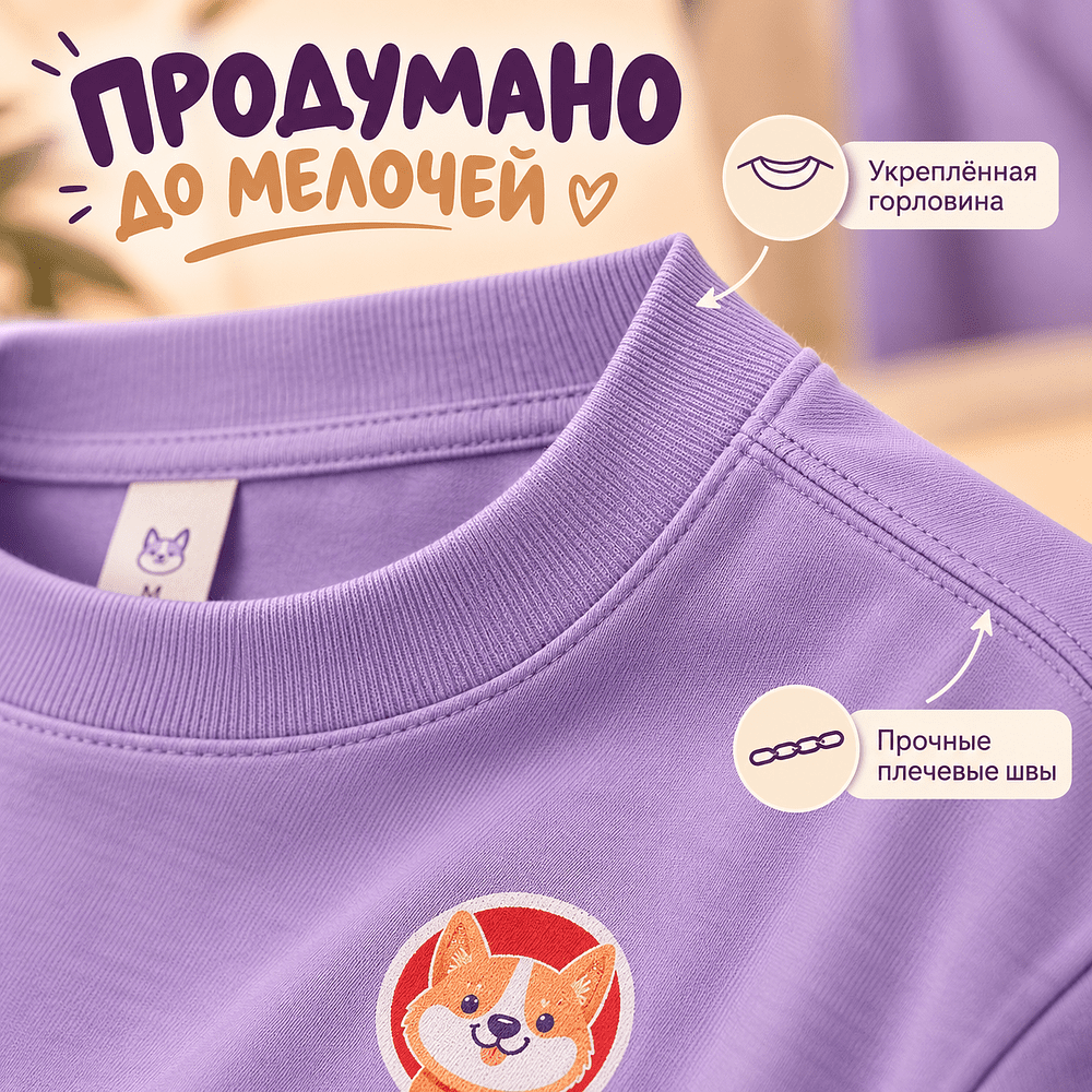 Футболка унисекс "Корги. Dog love club", XS-S, хлопок, оверсайз, лавандовый - 3