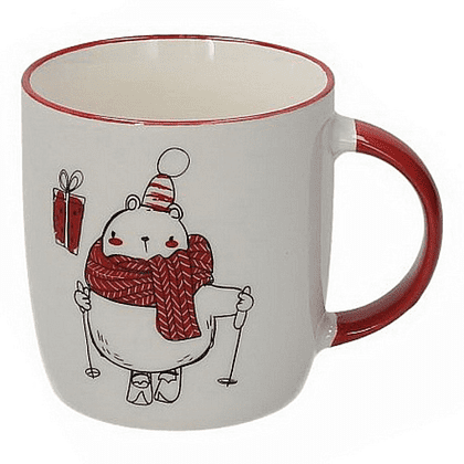 Кружка фарфоровая "Медвежонок на лыжах", 350 мл, белый, красный