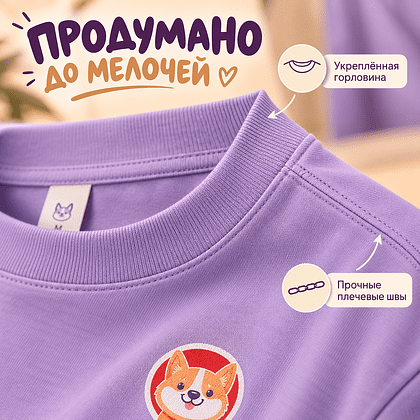 Футболка унисекс "Корги. Dog love club", XS-S, хлопок, оверсайз, лавандовый - 3