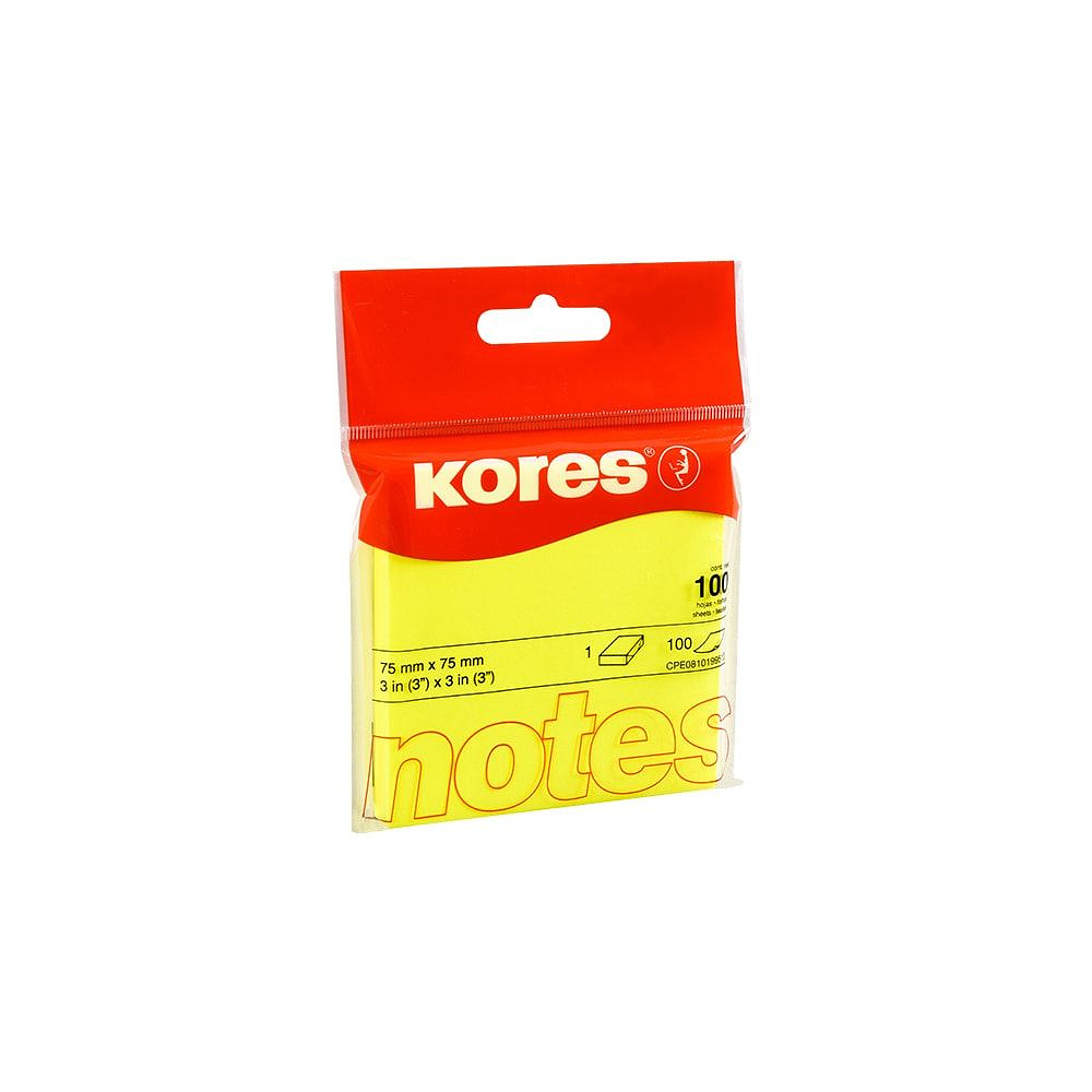 Бумага для записей на клейкой основе "Kores", 75x75 мм, 100 листов, желтый неон