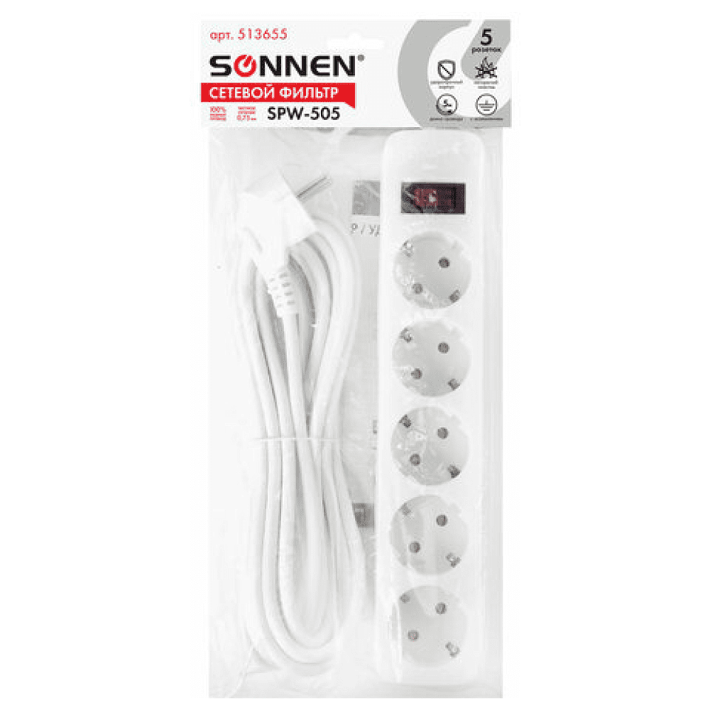 Сетевой фильтр Sonnen SPW-505, 5 м, 5 розеток, белый - 7