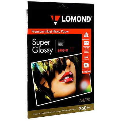 Фотобумага суперглянцевая ярко-белая для струйной фотопечати "Lomond", A4, 20 листов, 260 г/м2