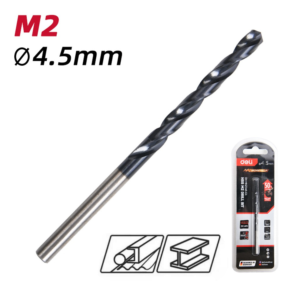 Сверло по металлу Deli RS EDH-MHZ045-E4, 4.5 мм, DIN 338, HSS-TiN - 2 Сверло по металлу Deli RS EDH-MHZ045-E4, 4.5 мм, DIN 338, HSS-TiN - 2