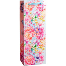 Пакет бумажный подарочный "Цветы и бабочки" для бутылки, 13x36x10 см, разноцветный