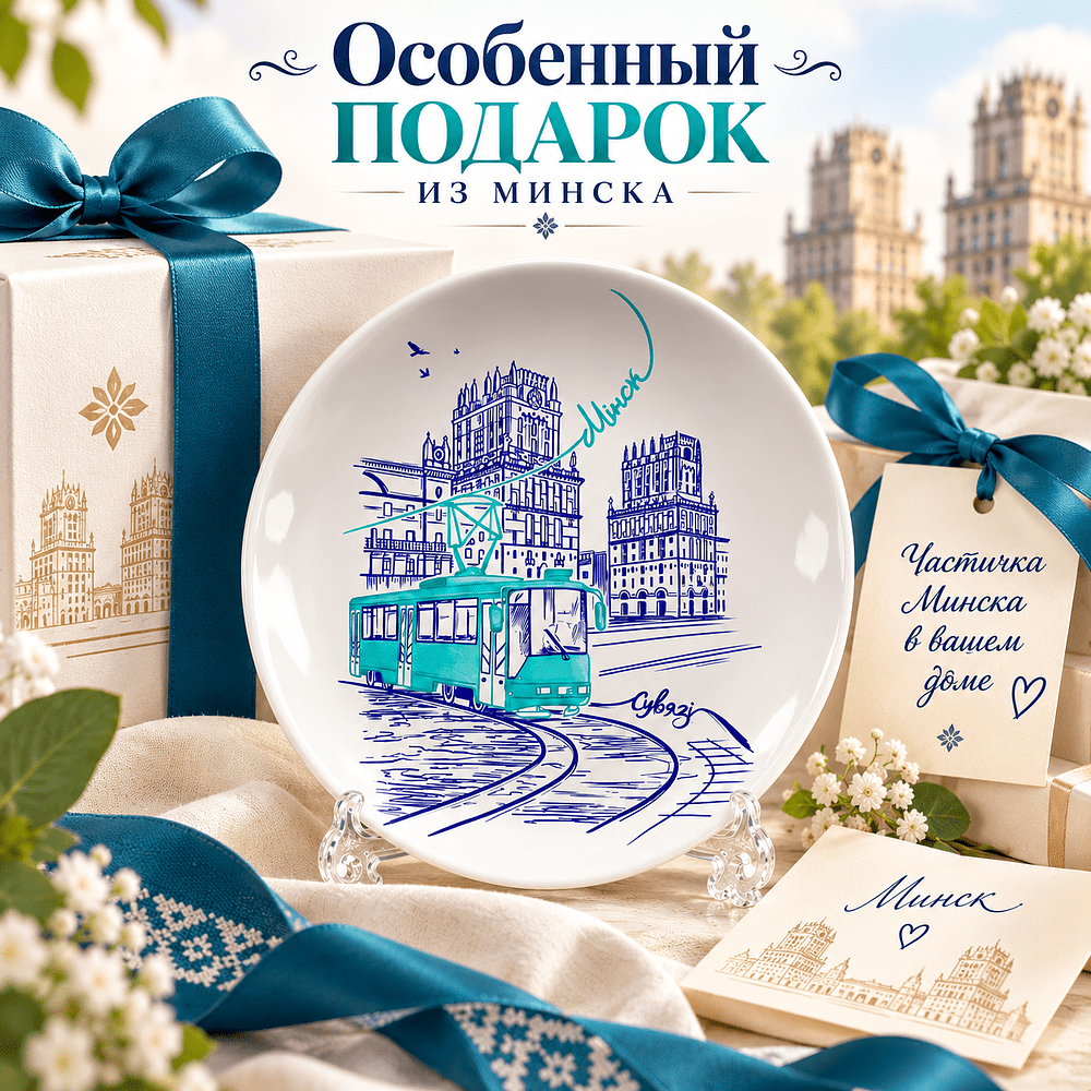 Тарелка "Ворота Минска" с подставкой и подвесом, керамика, 20 см, белый - 4