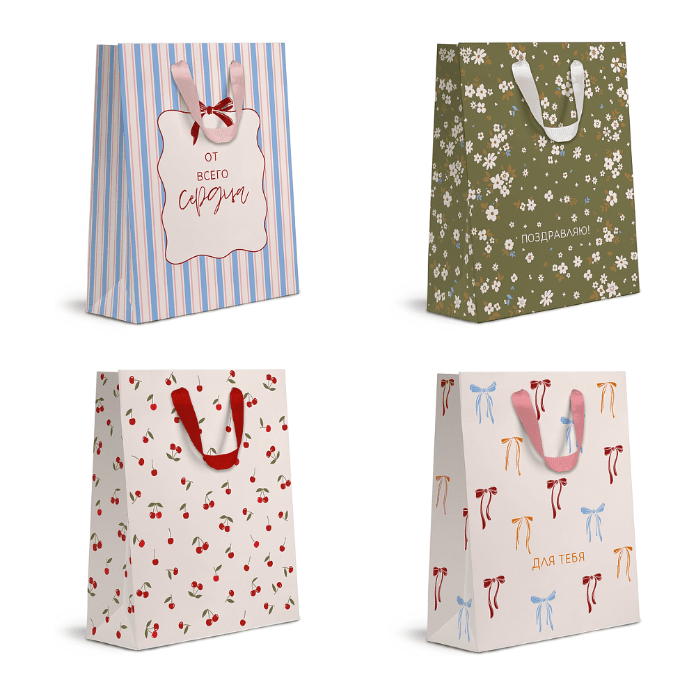 Пакет бумажный подарочный "Cherry Lady",18х22.7х10 см, ассорти