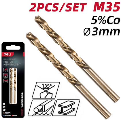 Сверло по металлу Deli RS EDH-MHZ030-E2, 2 шт, 3.0 мм, DIN 338, HSCo 5% - 2 Сверло по металлу Deli RS EDH-MHZ030-E2, 2 шт, 3.0 мм, DIN 338, HSCo 5% - 2