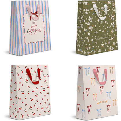 Пакет бумажный подарочный "Cherry Lady",18х22.7х10 см, ассорти
