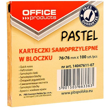 Бумага для заметок "Office Products", 76x76 мм, 100 листов, оранжевая пастель